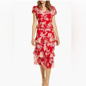 Rachel Parcell Red Floral Ruffle Button Down Midi Shirtdress Medium